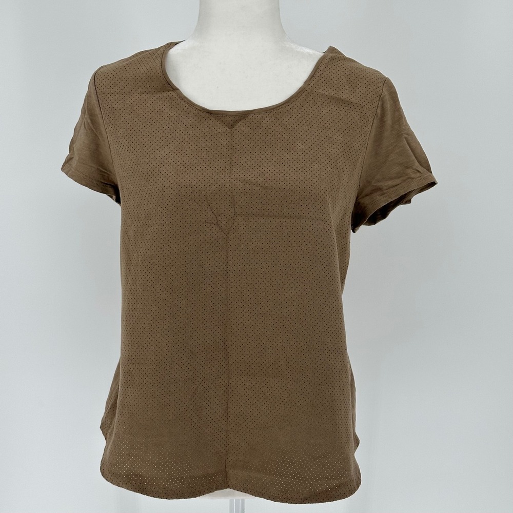 Chico's Brown Mixed Media Perforated Faux Suede Slub Knit Top Size 1 Medium‎